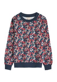 Sweatshirt s cvjetnim uzorkom u mornarskoj plavoj boji, s crvenim, ružičastim i bijelim cvjetovima. Rebrasti manšeti i izrez u mornarskoj plavoj boji, izrađen od mekog materijala.