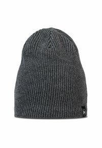 Gray knitted beanie made of soft fabric, featuring a ribbed texture, rounded top, and a small branded tag on the side.