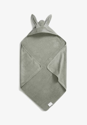 Hættebadetóch i blødt grønt stof med kaninører. Har en tekstureret, absorberende overflade og et mærke med brandnavnet.