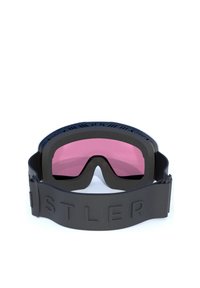 Skidglasögon med rosa lins, svart ram och elastisk rem med präglad text. Designade för synlighet och skydd vid vintersport.