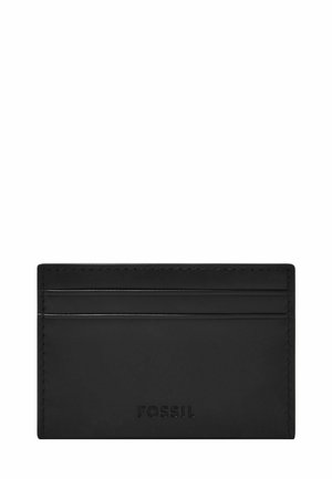 Porta carte in pelle nera Fossil con tre scomparti per carte e bordi cuciti.