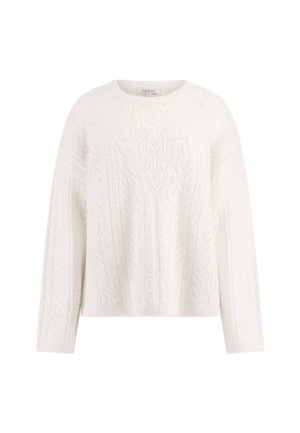 Maglione bianco lavorato a maglia con motivo a trecce, presenta un collo rotondo e maniche lunghe, realizzato in un filato morbido e testurizzato.