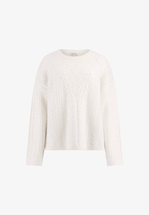 Weißer Strickpullover mit einem Zopfmuster, verfügt über einen runden Halsausschnitt und lange Ärmel, hergestellt aus weichem, strukturiertem Garn.