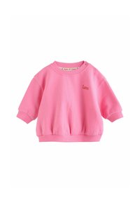 Lyserød sweatshirt til småbørn med lange ærmer, ribbede manchetter og kant, trykknapper på skulderen og lille "Love" tekst på brystet.