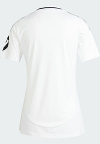 White short-sleeve sports jersey featuring a round collar and black accent on the left sleeve. Made of lightweight, breathable fabric.