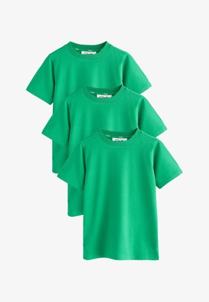 Drei schlichte grüne Kurzarm-T-Shirts mit Rundhalsausschnitt, übereinander gelegt, auf weißem Hintergrund dargestellt.