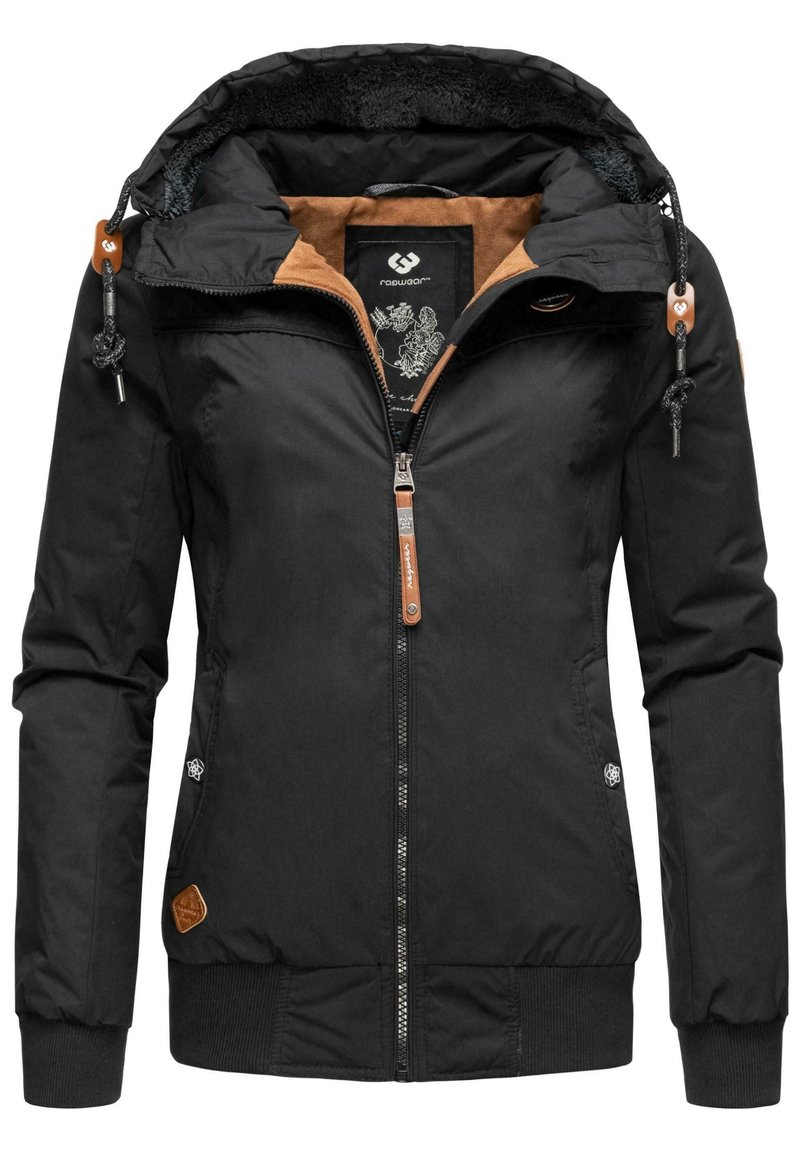 Svart jakke med hette, med glidelås, brune detaljer, elastiske mansjetter og et strukturert fôr. Stilfull med frontlommer.