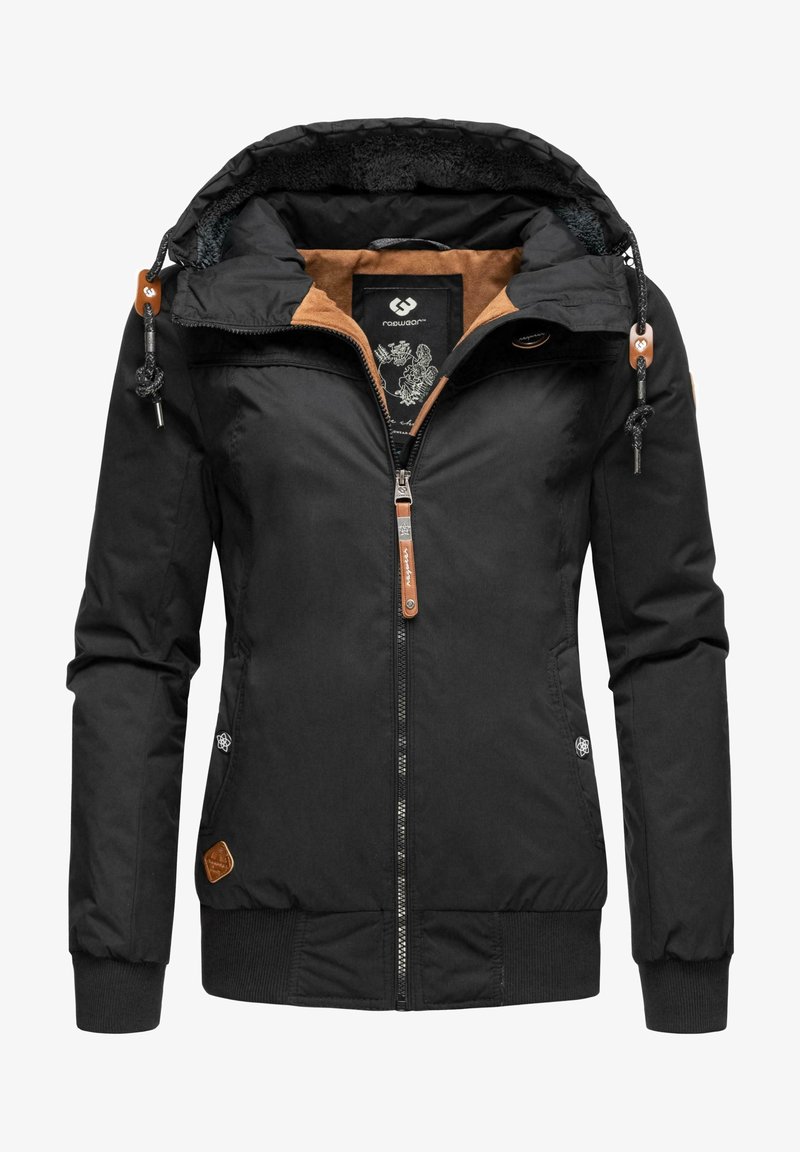 Svart jakke med hette, med glidelås, brune detaljer, elastiske mansjetter og et strukturert fôr. Stilfull med frontlommer.