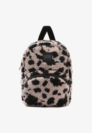 Kleine pluchen rugzak met zwart-beige luipaardprint, voorvak met rits, bovenhandvat en Vans-logopatch.