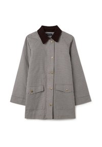 Gecarreeerd patroon jasje in bruin en beige met een donkerbruine corduroy kraag, twee voorzakken, knoopsluiting en een getailleerde pasvorm.