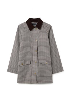 Gecarreeerd patroon jasje in bruin en beige met een donkerbruine corduroy kraag, twee voorzakken, knoopsluiting en een getailleerde pasvorm.