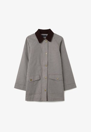 Überprüfter Musterjacke in Braun und Beige mit einem dunkelbraunen Cordkragen, zwei Vorderseiten-Taschen, Knopfverschluss und taillierter Passform.
