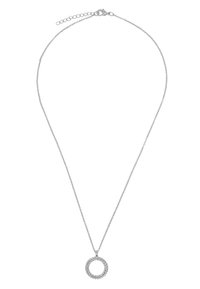Collana d'argento con una catena delicata e un pendente rotondo, testurizzato e con un design intrecciato. Lunghezza regolabile con chiusura a moschettone.