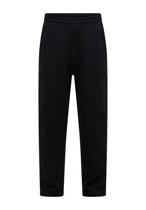 Črne stožčaste hlače z elastičnim pasom in preprostim dizajnom, primerne za priložnostno ali športno nošenje.
