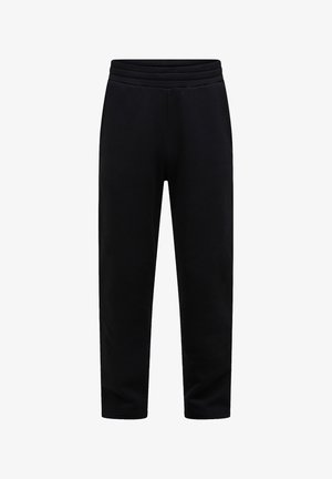 Čierne zúžené nohavice s elastickým pásom a jednoduchým dizajnom, vhodné na bežné alebo športové nosenie.