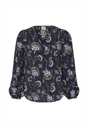 Mornarska bluza s cvjetnim uzorkom i dugim nabranim rukavima, s izrezom u obliku slova V, botaničkim uzorcima u plavoj i bež boji te teksturiranim tkanjem.