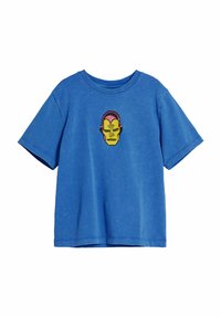 Blue cotton t-shirt featuring a yellow and red embroidered Iron Man face at the center, with a classic crew neckline and short sleeves.