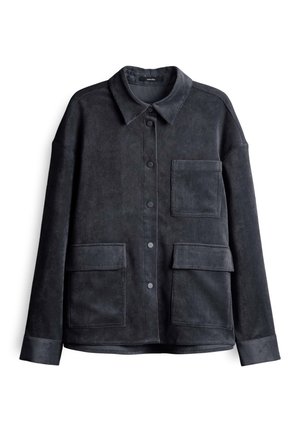 Dunkelgraue Cordjacke mit Druckknöpfen, drei aufgesetzten Taschen vorne, langen Ärmeln und einem klassischen Kragen.