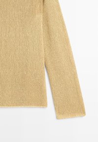Beige knitted sweater sleeve and torso with a ribbed texture, shown against a white background.