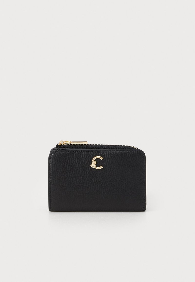 Black leather wallet with a textured finish, featuring a gold zipper and logo accent on the front. Compact rectangular design.