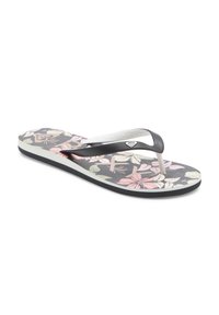 Flip-flop sandaler med ett svart blommönster som har ljusrosa och off-white blommor. Grå gummiresår och en vadderad svart sula.