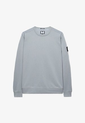 Felpa grigia chiara realizzata in tessuto morbido, con scollatura rotonda, maniche lunghe e una piccola etichetta nera sulla manica sinistra.