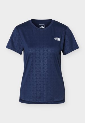 Camiseta de mujer de manga corta en azul marino con un sutil patrón geométrico y el logo blanco de The North Face en la parte superior izquierda del pecho.