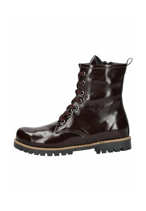 Bottines en cuir verni bordeaux à lacets avec un bout rond, semelle en caoutchouc noir robuste et deux zips sur les côtés pour un enfilage facile.