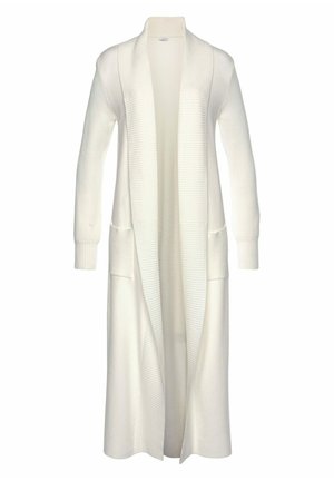Langer, offener Cardigan aus weichem, strukturiertem, weißem Strickstoff mit gerippten Bündchen und zwei vorderen Taschen.