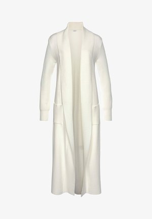 Lange open voorkardigan van zacht, gestructureerd wit breiwerk met geribbelde manchetten en twee voorzakken.