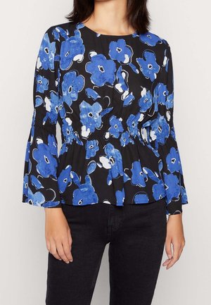 Zwarte peplum top met blauw bloemenpatroon, lange klokmouwen en een geraffineerde taille. Gemaakt van lichtgewicht stof, met ronde halslijn en een lichte glans.