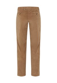 Pantaloni in corduroy marrone con design a gamba dritta, dotati di tasche laterali, tasche posteriori e una superficie testurizzata.