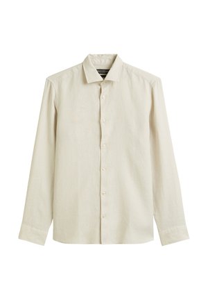 Light beige long-sleeve shirt made from a textured fabric, featuring a classic collar and seven front buttons, with buttoned cuffs.