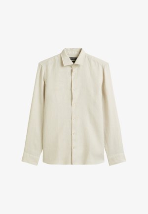 Camicia a maniche lunghe beige chiaro realizzata in un tessuto texturizzato, con colletto classico e sette bottoni sul davanti, dotata di polsini con bottoni.