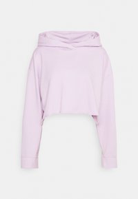 Felpa corta di colore viola chiaro con maniche lunghe, cappuccio e texture morbida. Design semplice, senza motivi visibili o dettagli in metallo.
