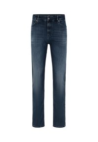 Dunkelblaue Jeans aus Denim mit geradem Schnitt, ausgestattet mit fünf Taschen, Gürtelschlaufen und einem Frontknopfverschluss. Glatte Textur und ausgewaschene Details.