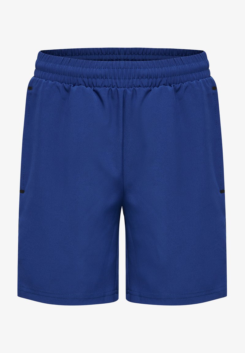 Blauwe sportshorts van lichtgewicht stof. Voorzien van een elastische tailleband en twee zijzakken. Minimalistisch ontwerp met zwarte accenten.
