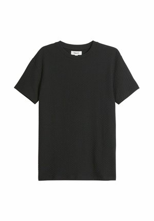 Schwarzes T-Shirt mit kurzen Ärmeln aus strukturiertem Stoff, mit Rundhalsausschnitt und lockerer Passform. Keine auffälligen Muster oder Akzente.