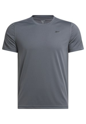 Männer mittelgraues Reebok Kurzarm-Sportshirt mit Rundhalsausschnitt und kleinem Logo auf der linken Brust.