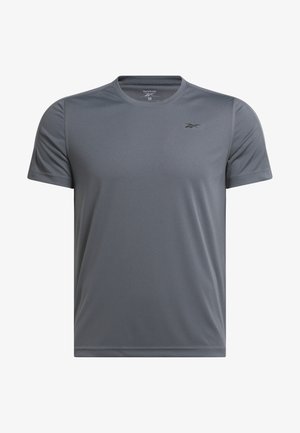 Heren middelgrijs Reebok atletisch T-shirt met korte mouwen, ronde hals en klein logo op de linkerborst.