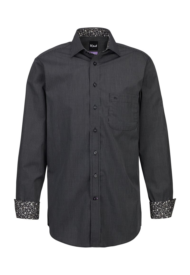 Camicia nera a maniche lunghe con motivo a scacchi, caratterizzata da una stampa floreale a contrasto sul colletto interno e sui polsini. Taschetta singola sul petto.