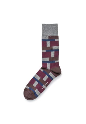 Multicolored sock featuring a geometric pattern with shades of burgundy, gray, and blue. Cotton blend material, ribbed top, and rounded toe.