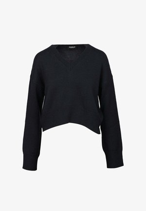 Maglione nero lavorato a maglia con scollo a V, maniche lunghe e orlo leggermente corto e asimmetrico.