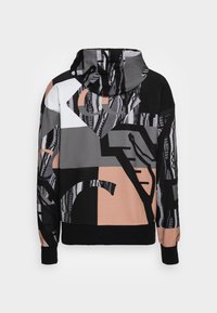 Hoodie met abstracte geometrische en slangenhuidpatronen in zwart, grijs, wit en beigetinten, weergegeven vanaf de achterkant.