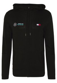 Felpa nera con zip, cappuccio e coulisse, con i loghi AMG Petronas Motorsport e Tommy Hilfiger sul petto.