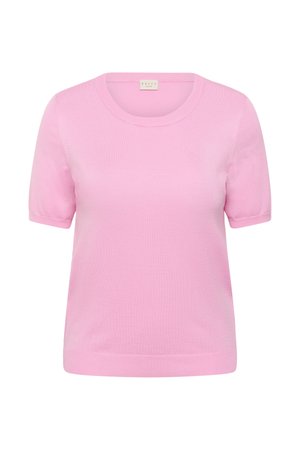 Maglione a maniche corte in maglia rosa pastello con scollo rotondo e orlo e polsini a coste, vista frontale.
