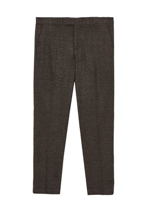 Pantaloni a quadri marroni con vestibilità sartoriale, tasche frontali e tessuto testurizzato, con una vita liscia e linee pulite.