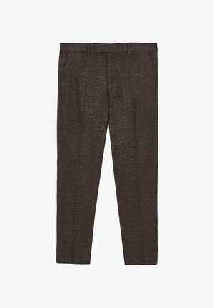 Pantalons à carreaux bruns avec une coupe ajustée, poches avant et tissu texturé, avec une taille lisse et des lignes épurées.