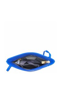 Blaue synthetische Clutch mit Reißverschluss, Stofffutter, einer Innen Tasche und einem kleinen Henkel zum einfachen Tragen.