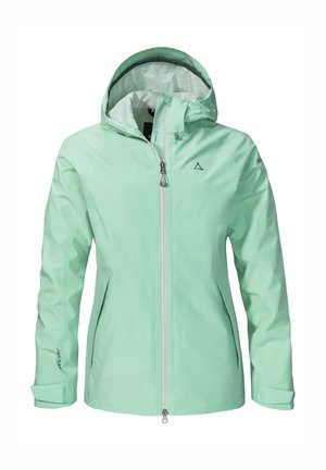 Hellgrüne wasserdichte Jacke mit Kapuze, Reißverschluss und Seitentaschen. Verfügt über ein elegantes Design und eine glatte Textur.